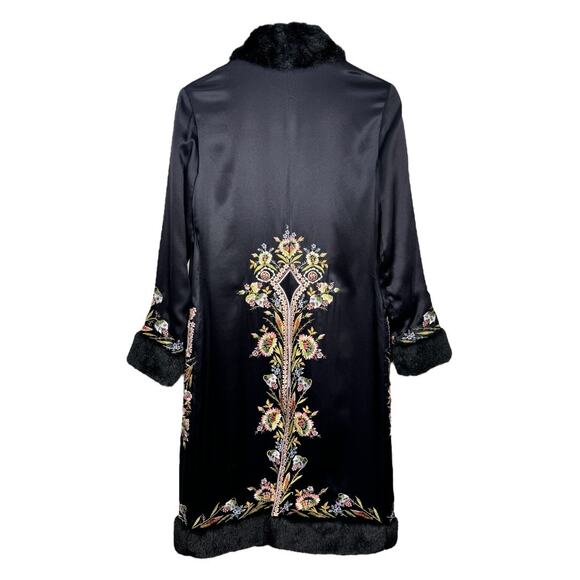 Vintage Sue Wong Floral Embroidered Silk Duster Coat 4 Faux Fur Long Black - Picture 3 of 8